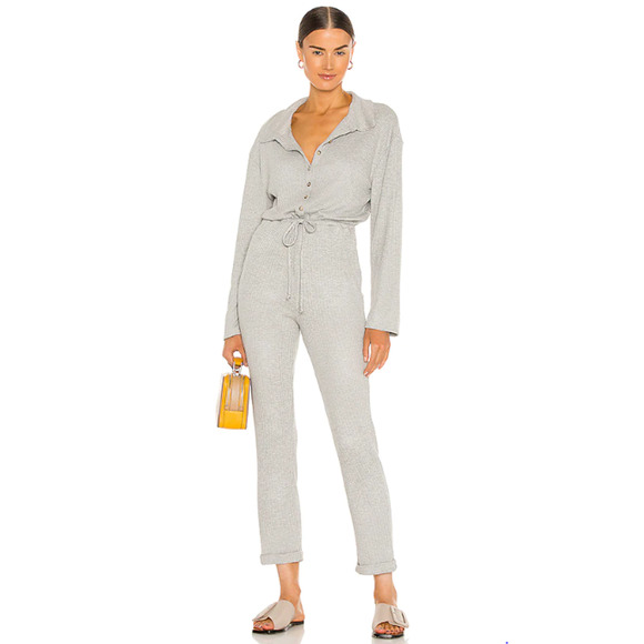 Lovers and Friends Cozy Knit Jumpsuit M Rib Knit Button Front Tie Waist Gray NWD